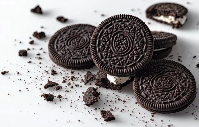 Chocolate sandwich cookies with cream filling and scattered crumbs on a white background.