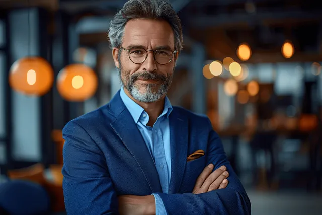 Smiling senior businessman with arms crossed in blue suit inside night office with warm lights