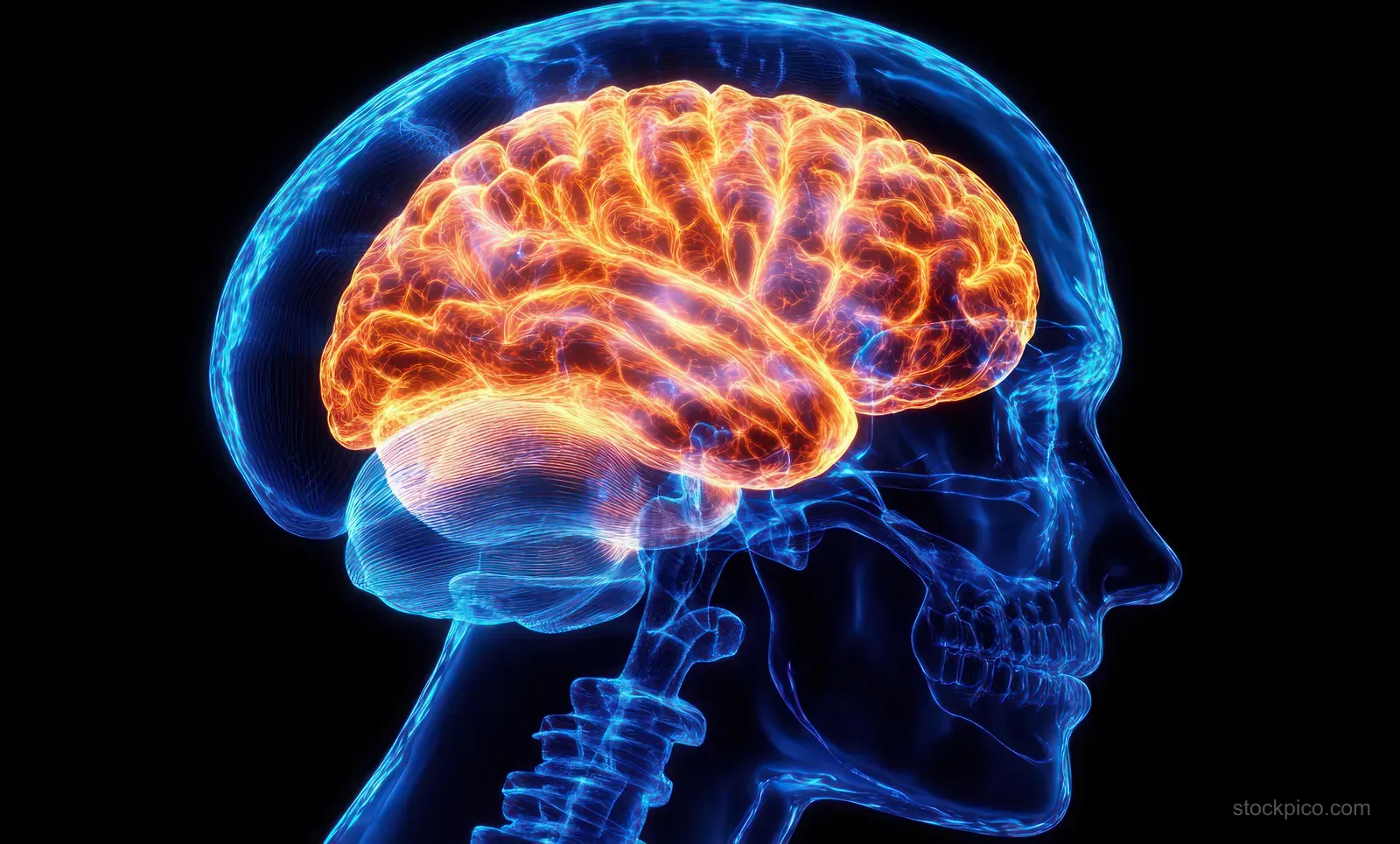 Transparent skull medical illustration with a glowing orange brain and blue neural glow on a dark background.
