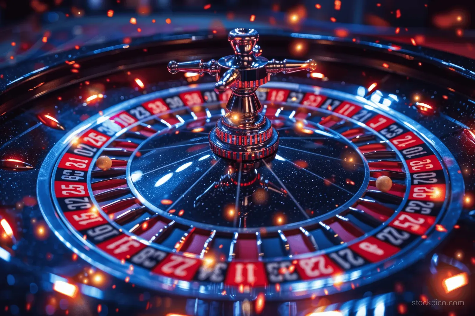 Spinning roulette wheel with red and blue numbers glowing under casino lights and motion blur.