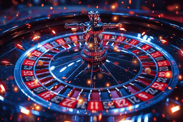 Spinning roulette wheel with red and blue numbers glowing under casino lights and motion blur.