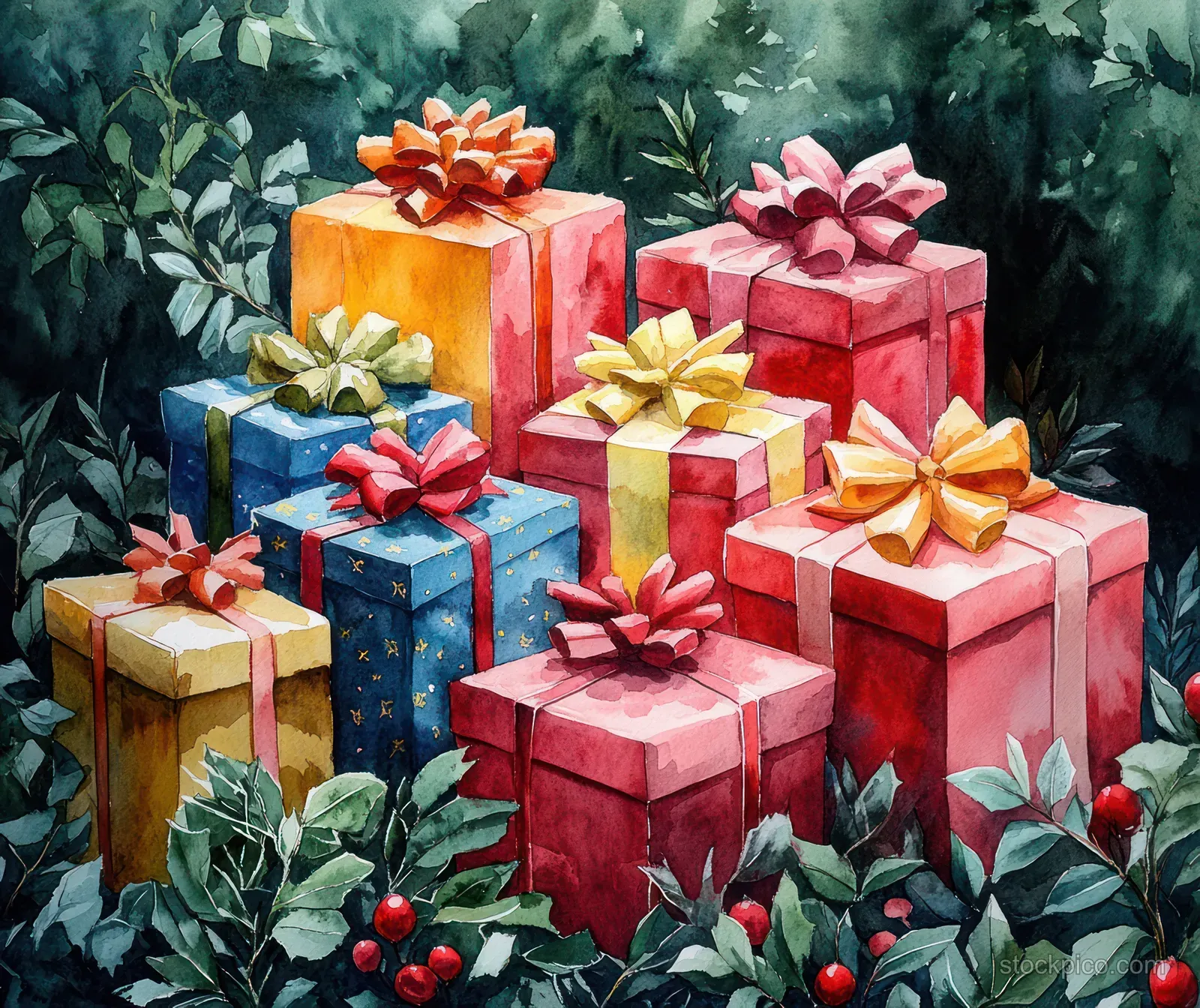Colorful Christmas gift boxes with ribbon bows arranged on pine foliage and holly berries.