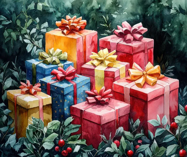 Colorful Christmas gift boxes stacked with ribbons, pine foliage, and berries backdrop