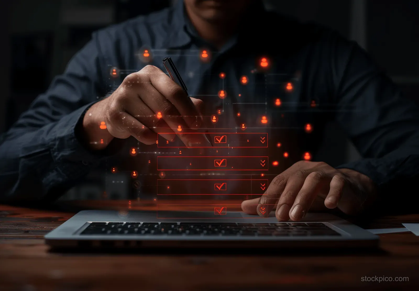 Businessman tapping a laptop keyboard with a glowing hologram checklist showing quiz evaluation marks.
