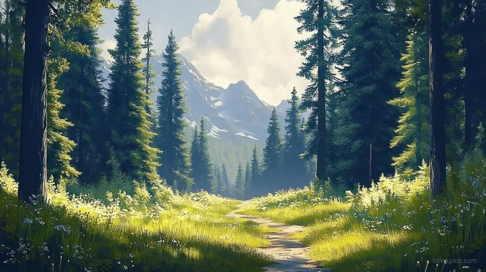 Sunlit forest trail with tall pines, wildflowers, grassy clearing, and distant mountain peaks under a bright sky.