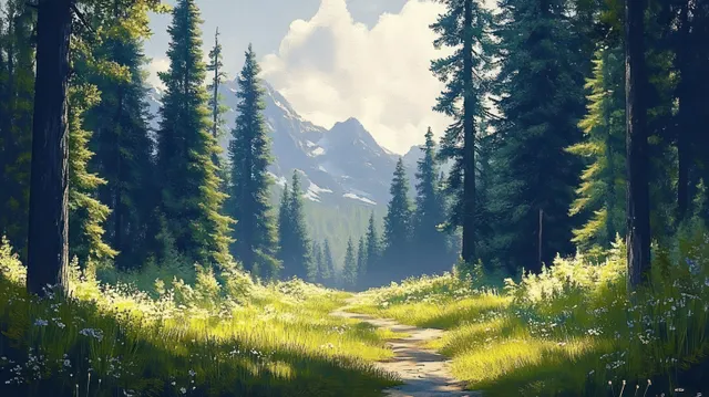 Sunlit forest trail with tall pines, wildflowers, grassy clearing, and distant mountain peaks under a bright sky.