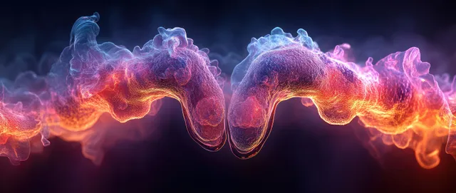 Surreal glowing uterus silhouette with fiery ovarian cyst shapes representing female reproductive health.
