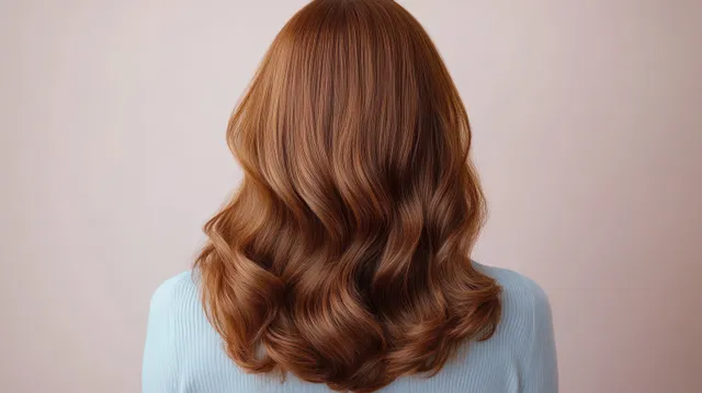 Back view of person with long wavy reddish-brown hair wearing a light blue top