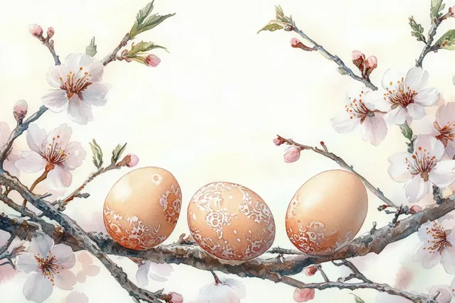 Three patterned brown eggs sit on a flowering tree branch amid soft pink and white blossoms.