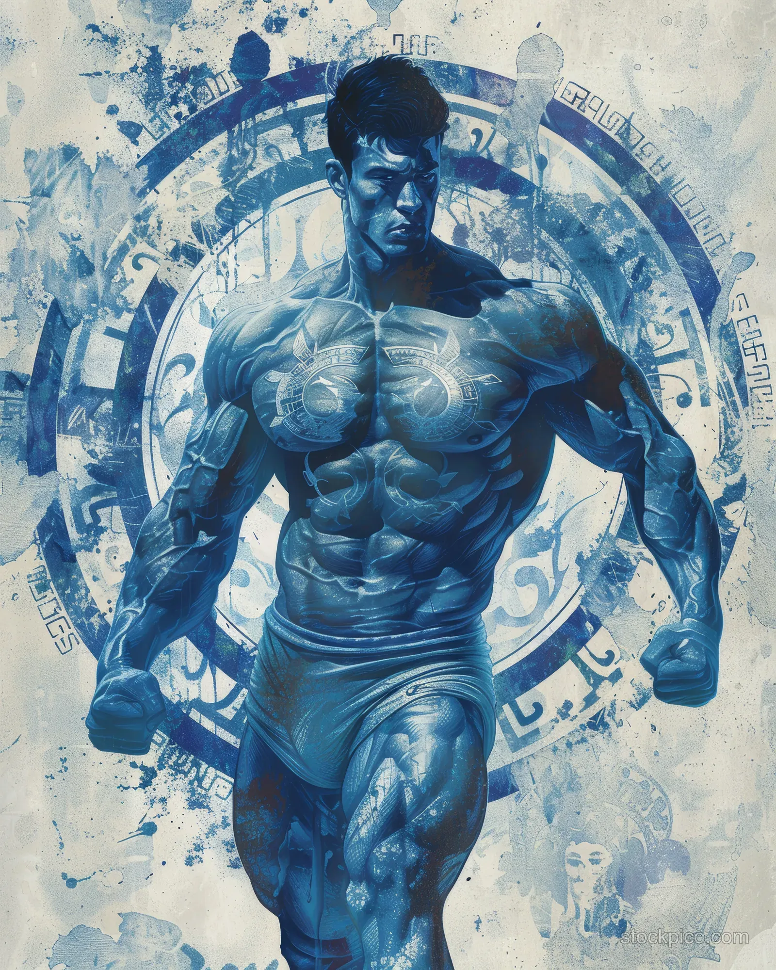Blue and white Greek wrestler statue stands in a victory pose before a weathered circular seal backdrop.