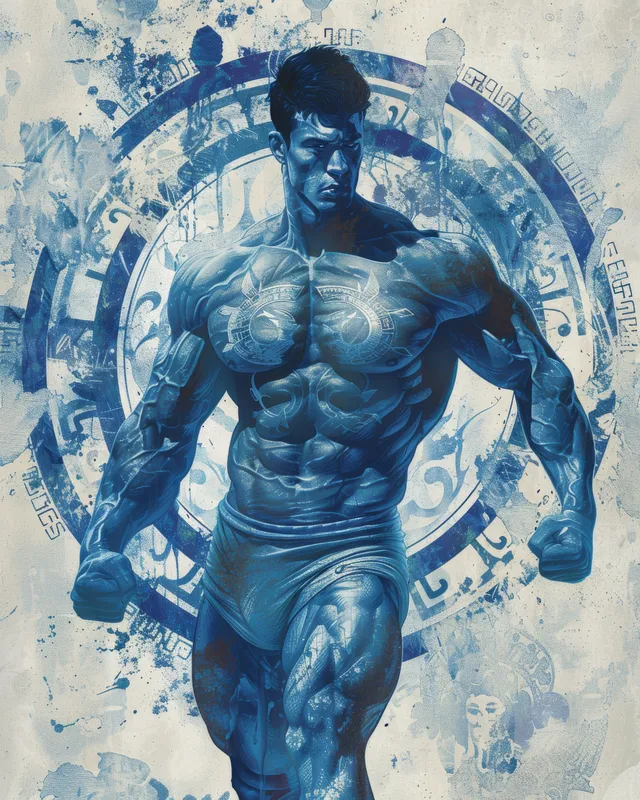 Blue and white Greek wrestler statue stands in a victory pose before a weathered circular seal backdrop.