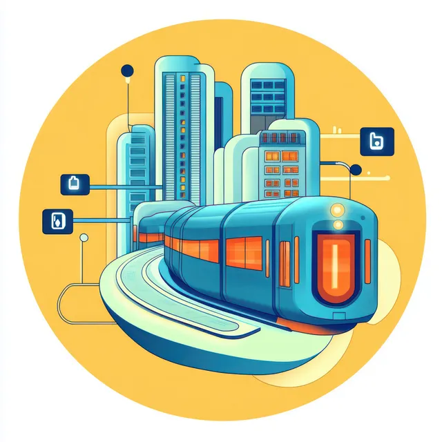 Futuristic blue train on a curved elevated track with glowing digital social media icons above an orange and blue city skyline.