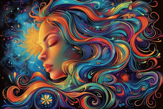 Profile portrait of a woman with flowing rainbow hair and swirling neon nature patterns on a dark background.