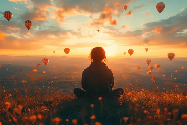 Silhouetted freelancer works on a laptop on a hillside while hot air balloons drift over Cappadocia at sunrise.