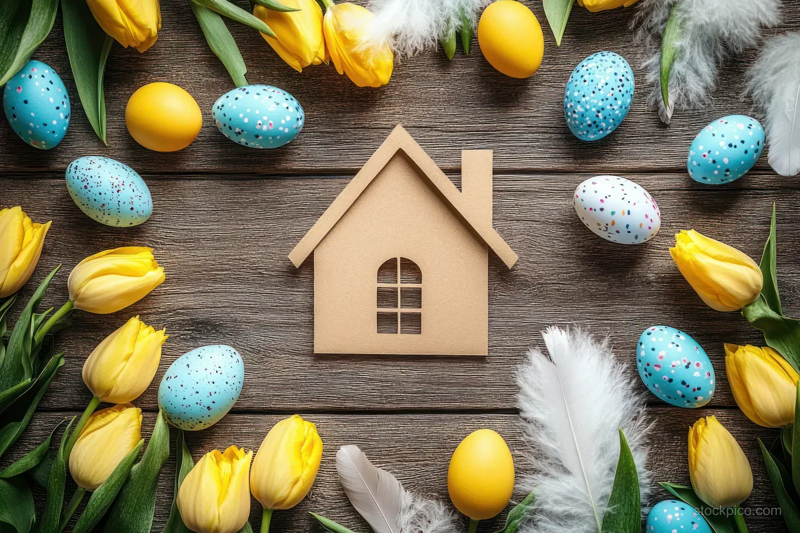 Mini wooden house model on rustic wood surrounded by yellow tulips, painted Easter eggs, and white feathers.