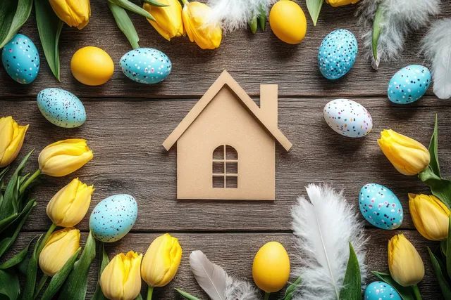 Mini wooden house model on rustic wood surrounded by yellow tulips, painted Easter eggs, and white feathers.