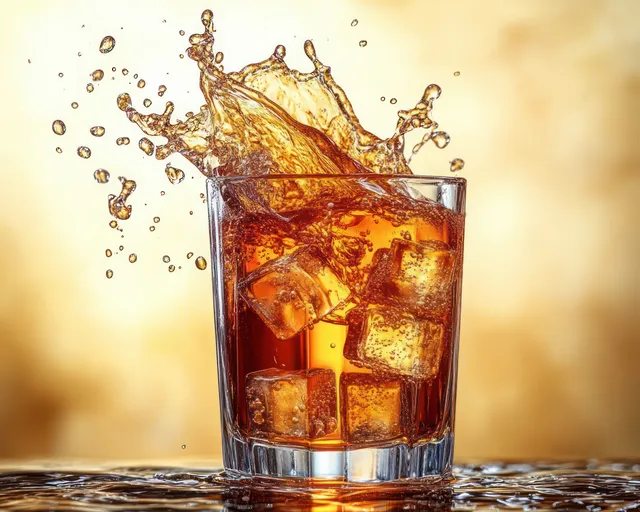 Amber drink splash in a clear glass with ice cubes, warm glowing background