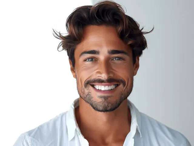Closeup smiling man portrait with stylish hair and trimmed beard against plain white background