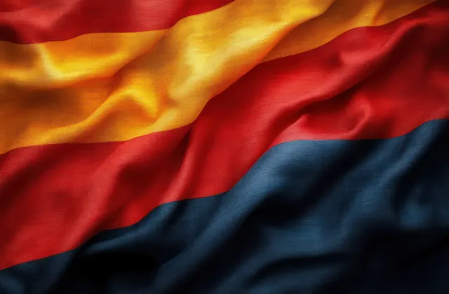 A close-up of a textured fabric flag showing yellow, red, and dark blue horizontal stripes with visible folds and shadows.