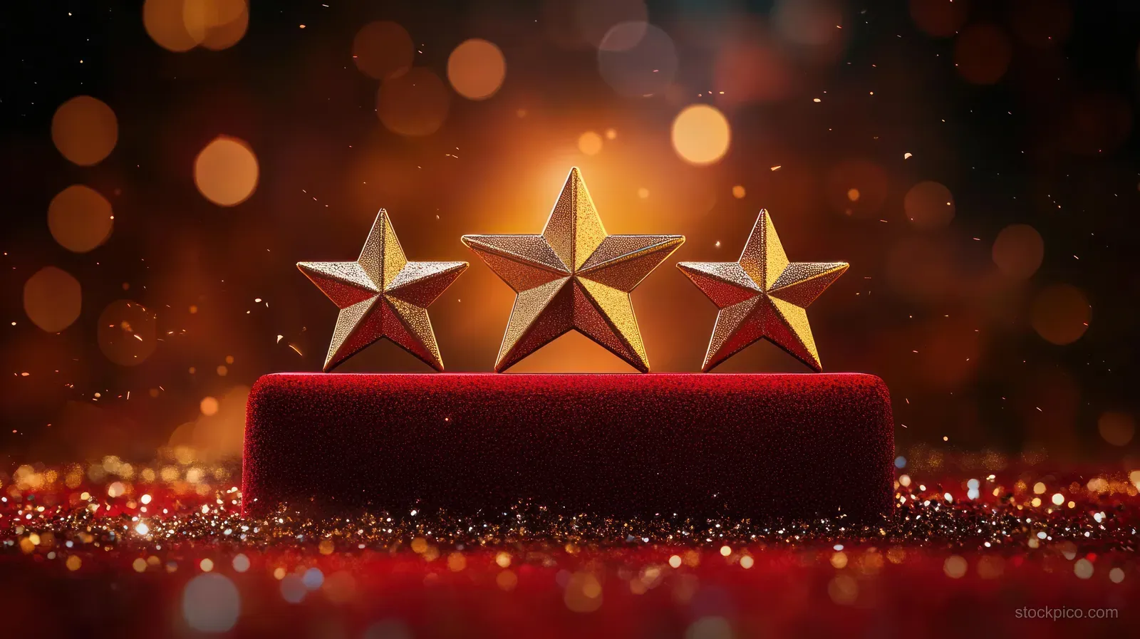 Three golden stars sit on a red velvet podium amid sparkling lights and glowing bokeh.