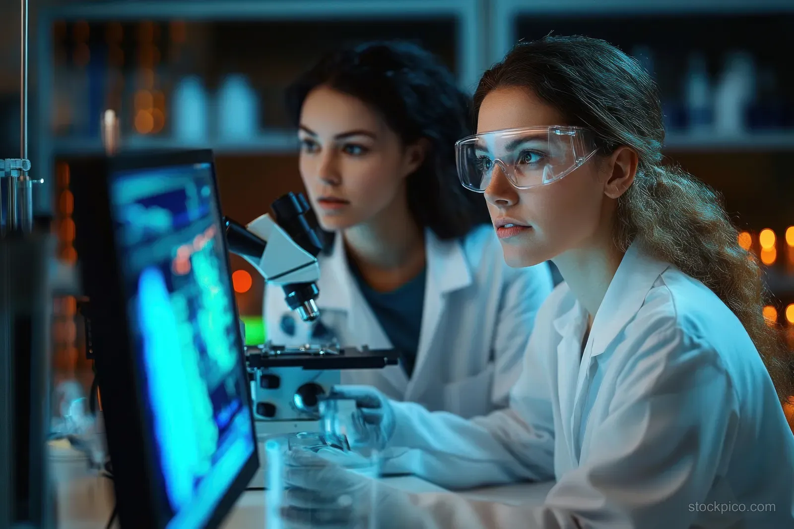 Two female scientists in lab coats use a microscope and analyze data on a computer screen in a laboratory.