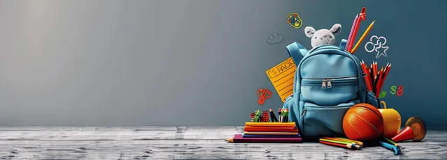 Blue backpack overflowing with stationery and a small notebook on grey classroom background with space