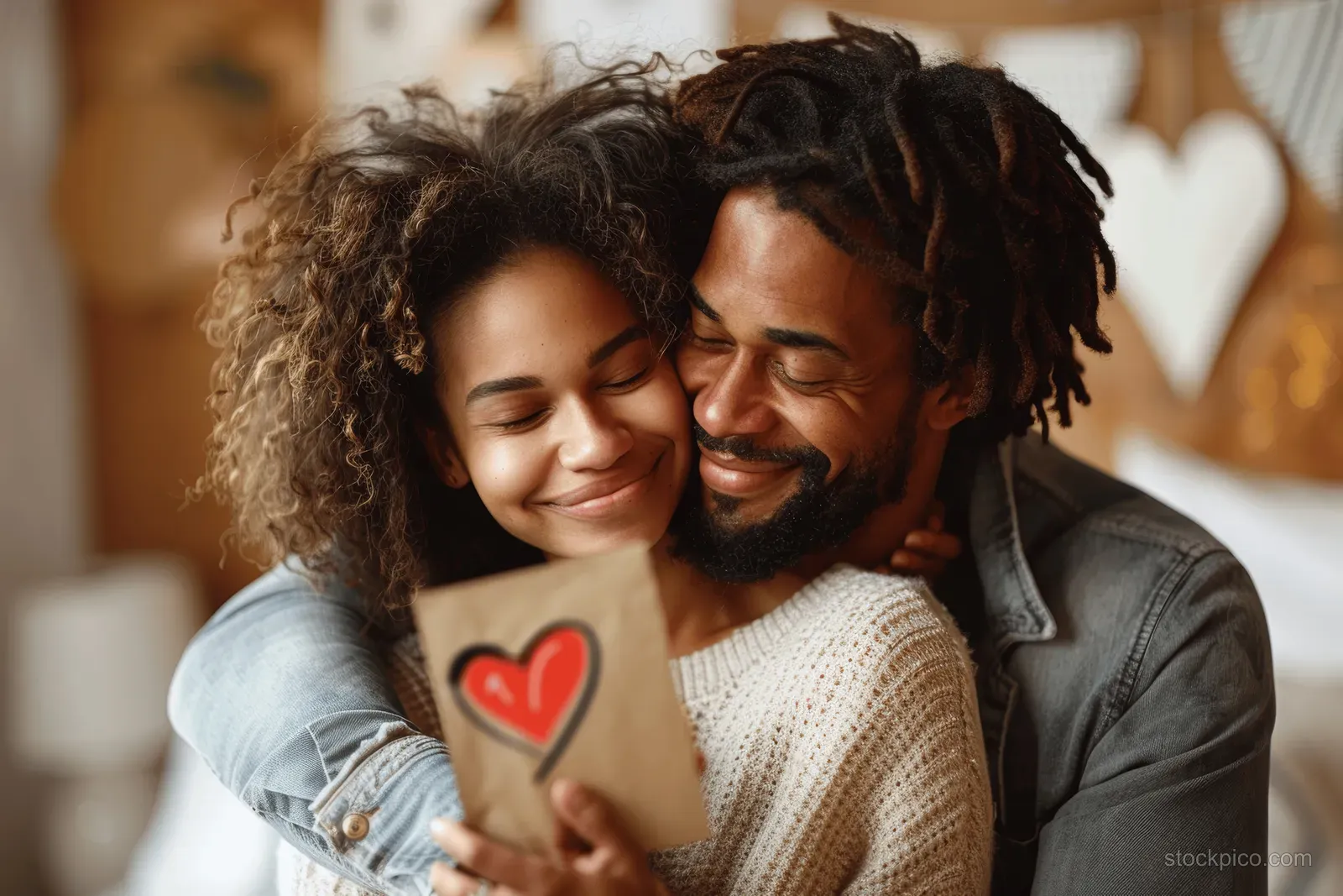 African American couple hugs in a bedroom while holding a Valentine heart card.
