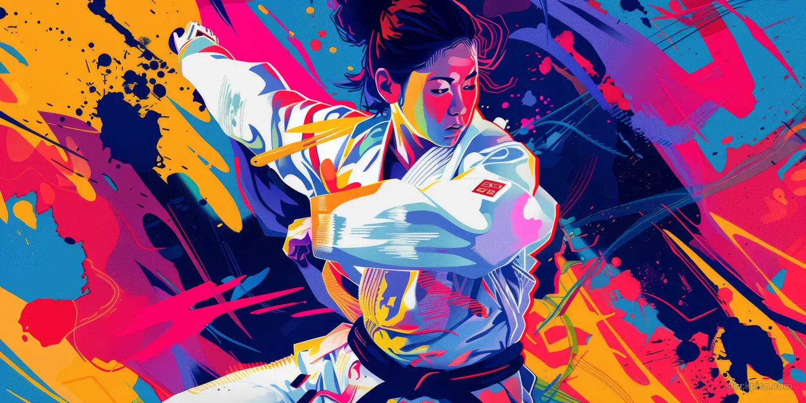Japanese woman judo competitor performing a throw amid vibrant abstract splashes and motion lines.