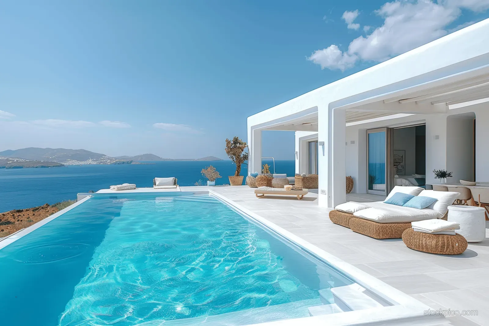 White villa terrace with an infinity pool, sun loungers, and a wide Aegean sea view.