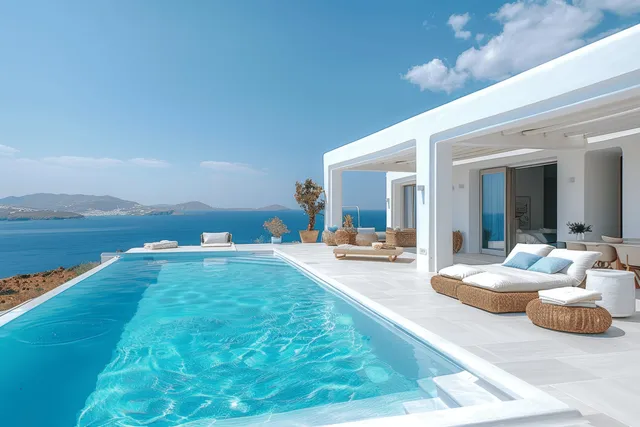 White villa terrace with an infinity pool, sun loungers, and a wide Aegean sea view.