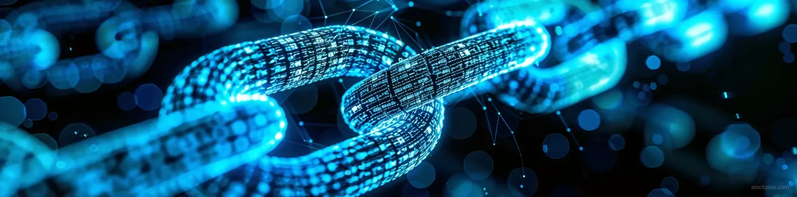 A glowing blue blockchain chain links visual overlays a dark network of data points.