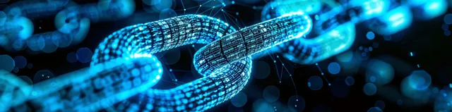 Blue digital blockchain chain links over a glowing data network background