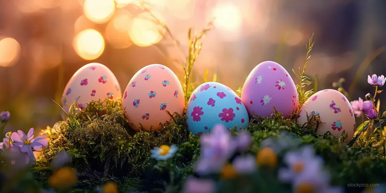 Hand-painted Easter eggs with floral patterns sit in moss and small flowers under warm glowing background light.