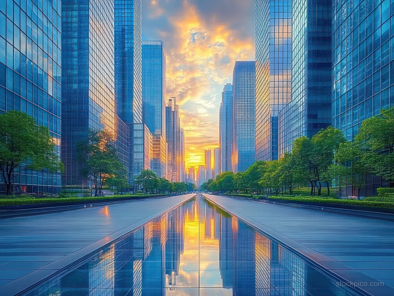 Glass skyscrapers reflect in still water as sunset clouds glow above tree-lined pedestrian paths.
