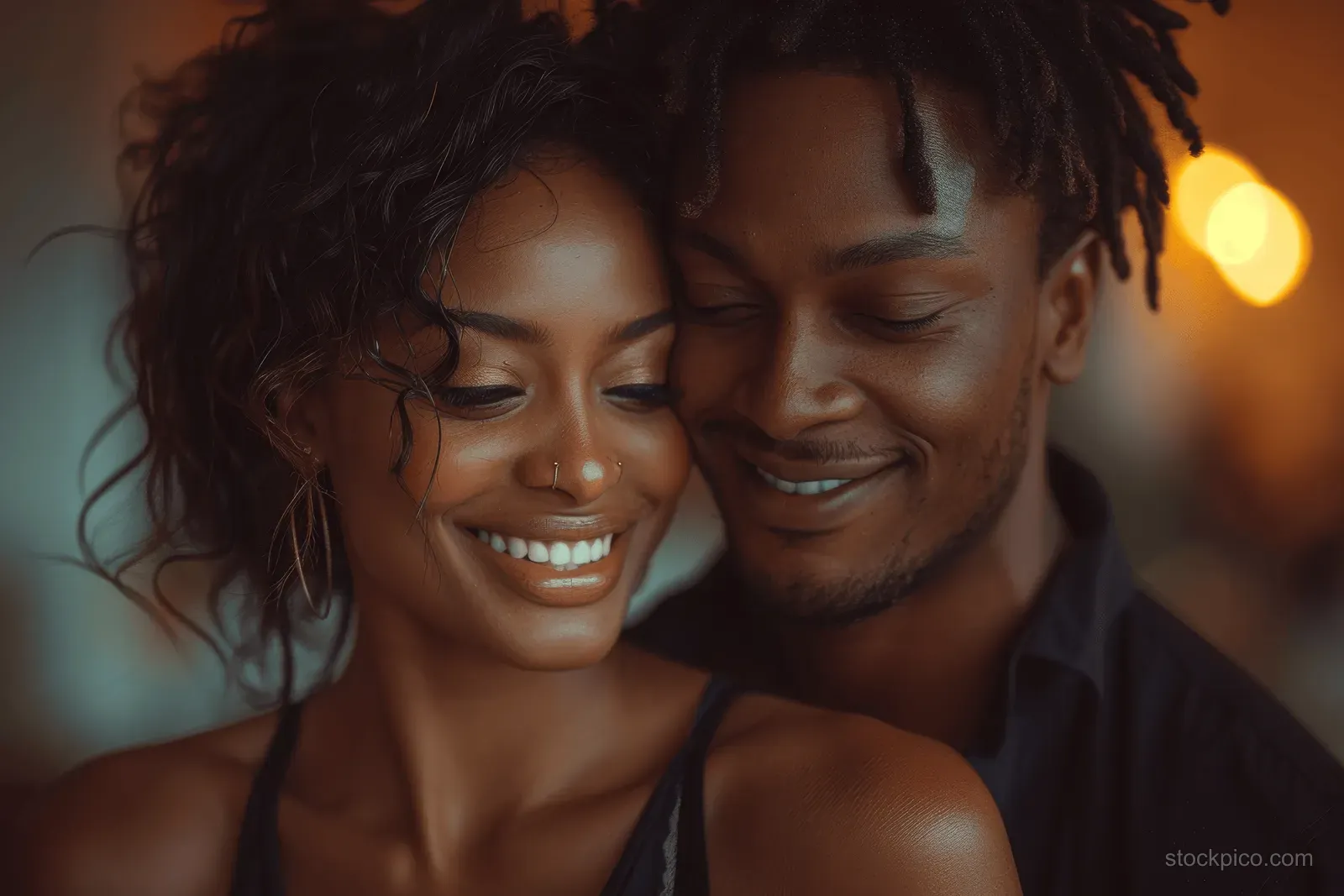 A smiling couple embraces closely as warm blurred lights glow behind them.