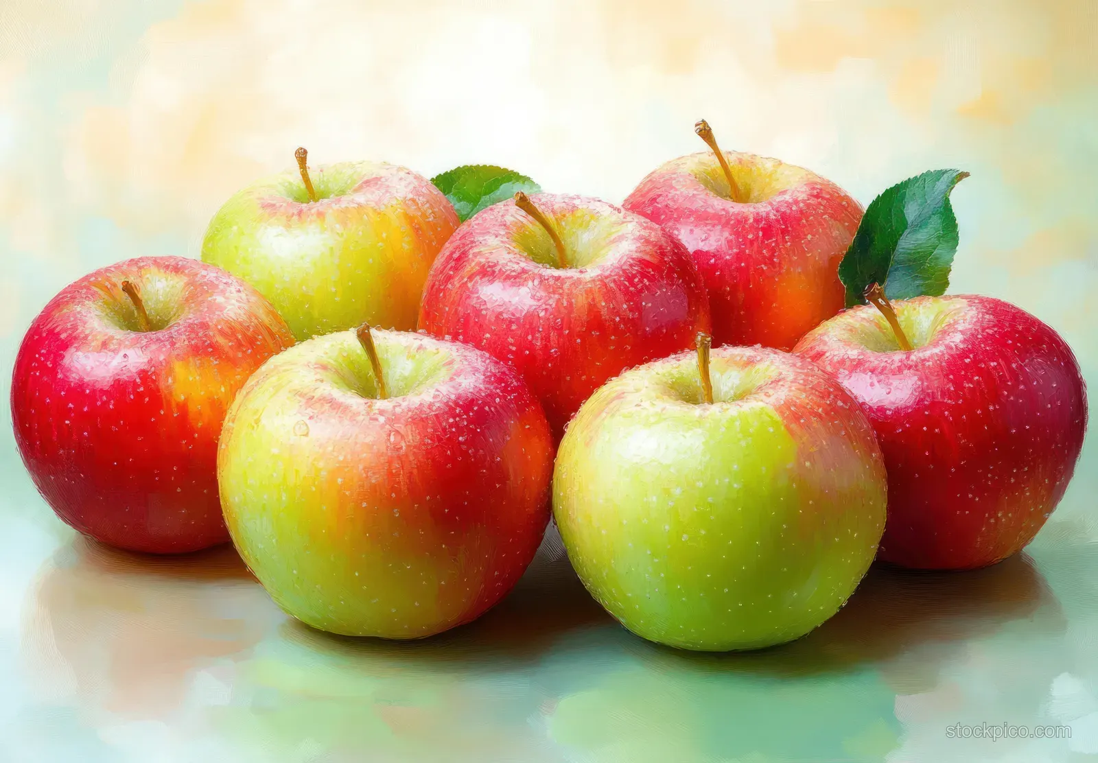 Red and green apples stacked together on a light background with soft natural light and subtle shadows.