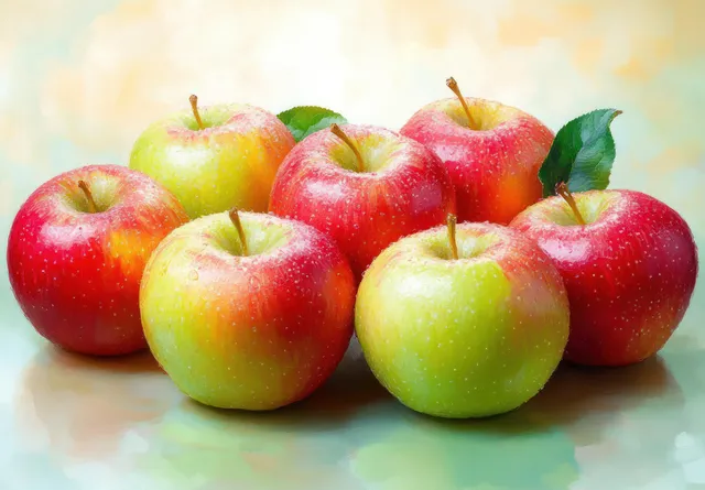 Red and green apples stacked together on a light background with soft natural light and subtle shadows.