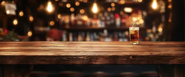 Rustic wooden bar table with a craft beer glass and warm bokeh lights at night