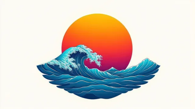 Foamy ocean wave crest sits before a large orange-to-purple sun on a white background.