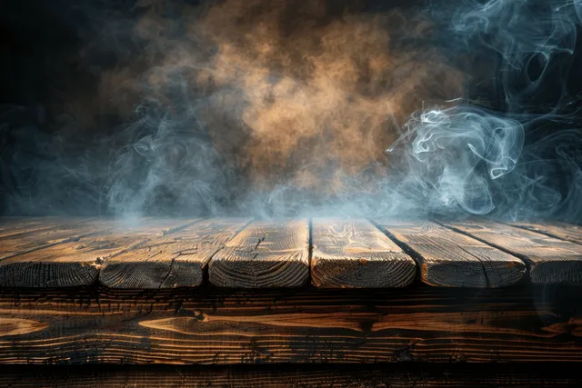 Close-up wooden tabletop with visible smoke curling upward over a dark background.