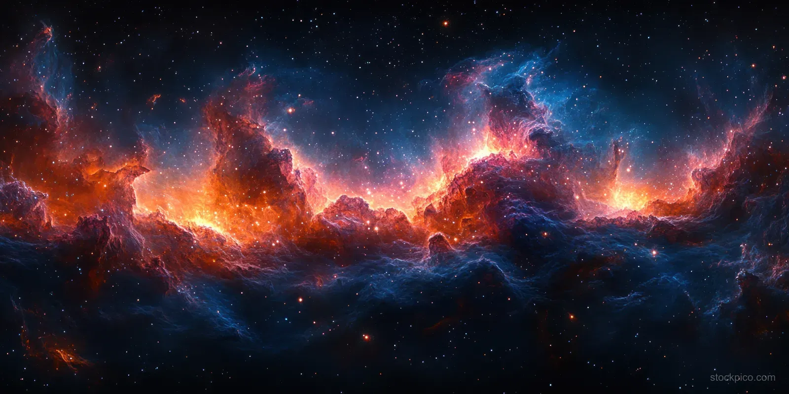 A panoramic cosmic nebula glows in pink and blue across a dense star field in deep space.