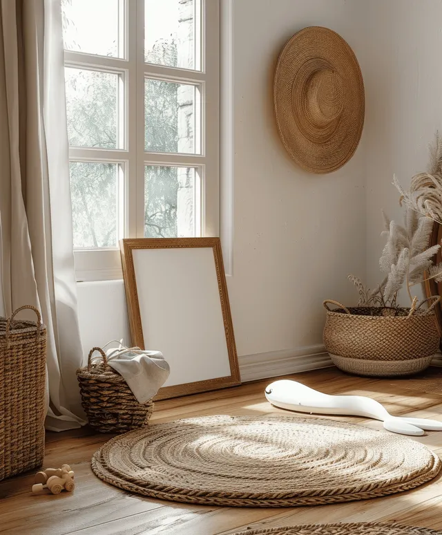 Empty wooden picture frame leaning on a woven rug by a sunlit window in a bohemian nursery.