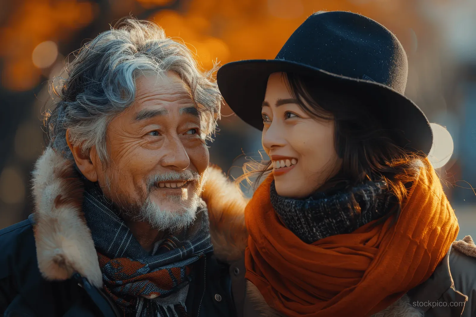 An elderly man and a young woman smile at each other in an autumn park wearing hats and scarves.
