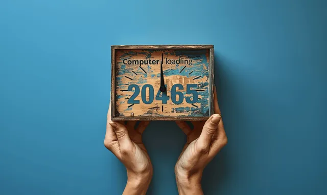 Hands hold a wooden display reading computer loading progress with numbers 2046 and 2025 on a blue background.