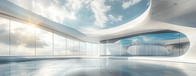 Futuristic white concrete interior with curved glass walls, sunlit glossy floor, and panoramic sky view.