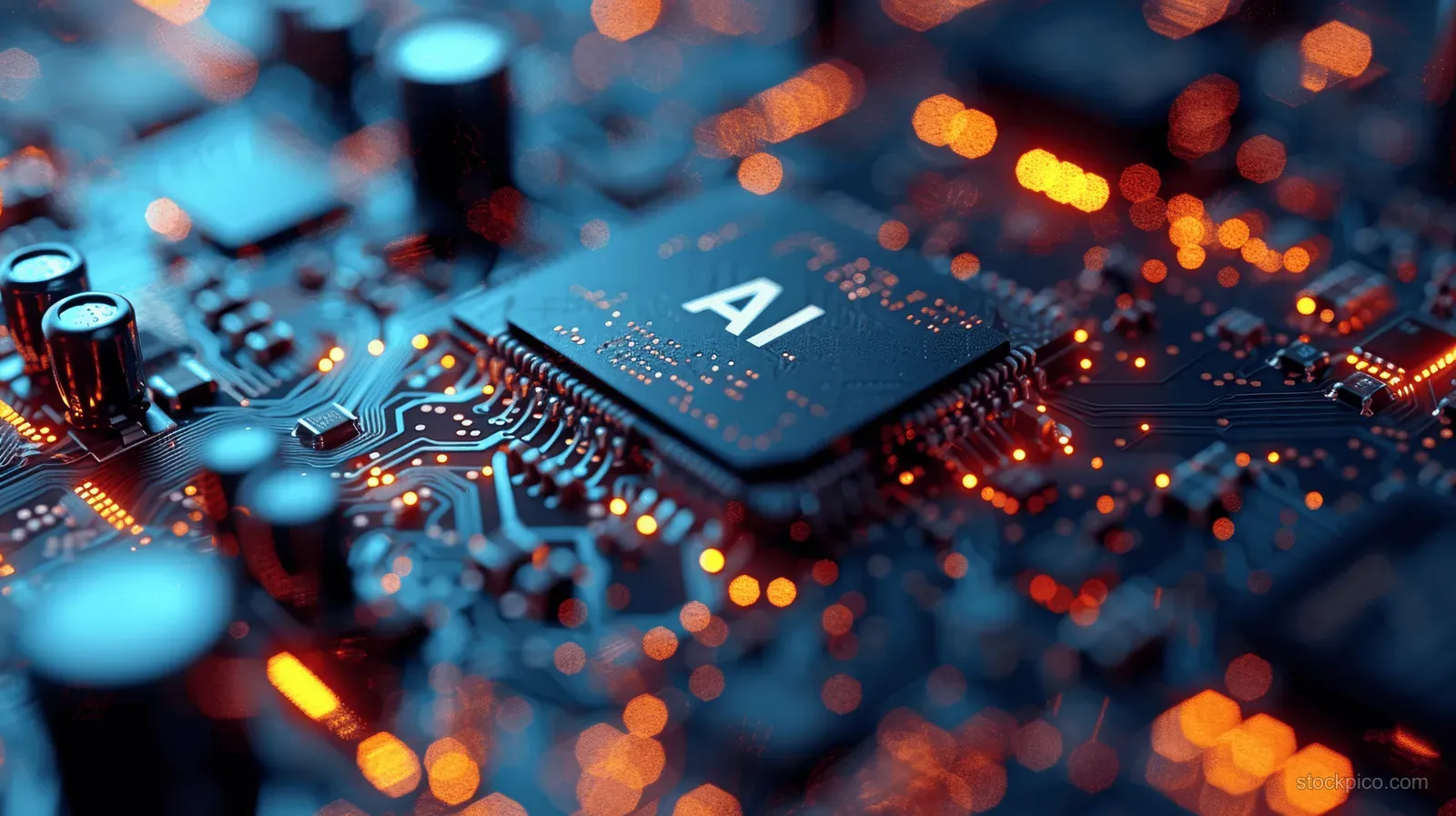 Macro shot of AI text etched on a blue circuit board with a central microchip and glowing connection lights.