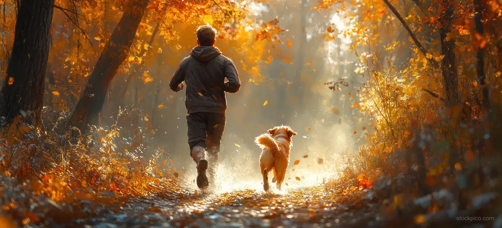 A girl runs with a Weimaraner along an autumn forest trail, with leaves and dust in the air.