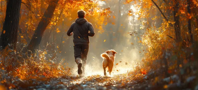 A girl runs with a Weimaraner along an autumn forest trail, with leaves and dust in the air.