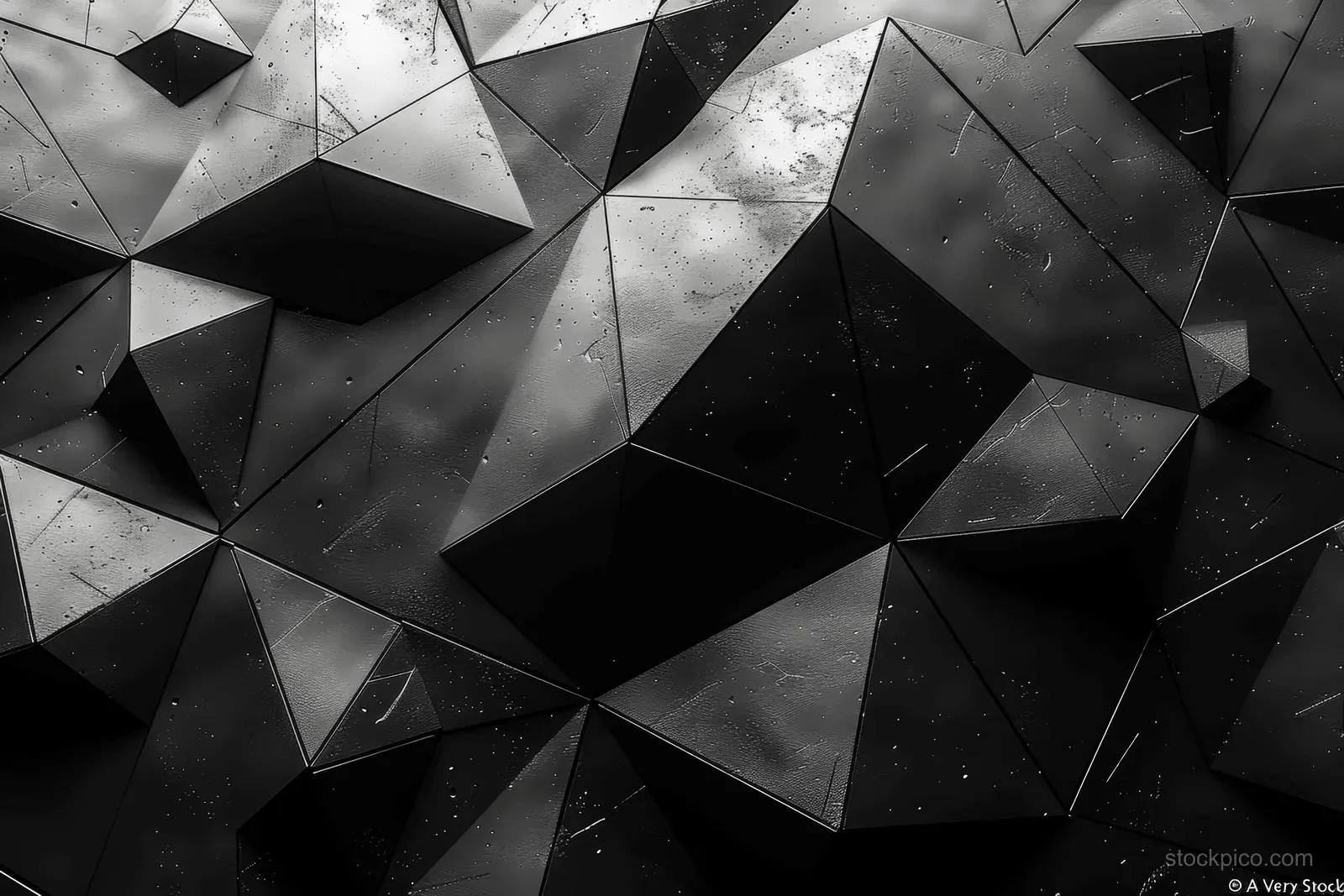Overlapping black and white polygon facets form a 3D geometric pattern with bright highlights and dark shadows.