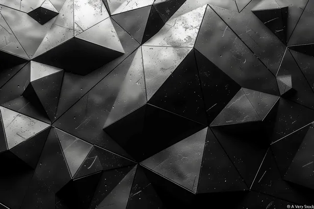 Overlapping black and white polygon facets form a 3D geometric pattern with bright highlights and dark shadows.